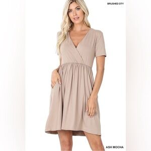 Zenana Mocha surplice dress with pockets